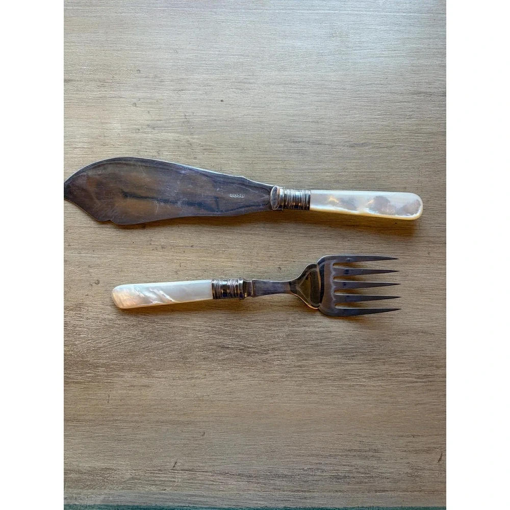 Vintage EPNS Fish Serving Set Mother of Pearl Handles Boxed English Server